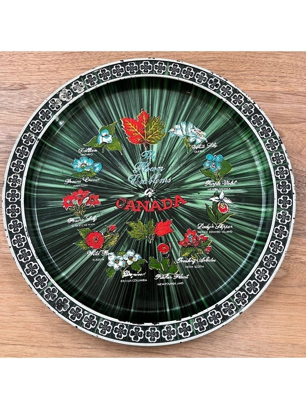 VINTAGE Metal Tray Flower Emblems Of Canada Clover Border Canadiana Mid-Century